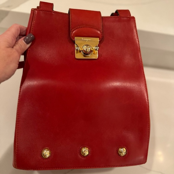 AUTH Authentic Salvatore Ferragamo Leather Handbag Shoulder Bag Tote Red - Picture 3 of 16